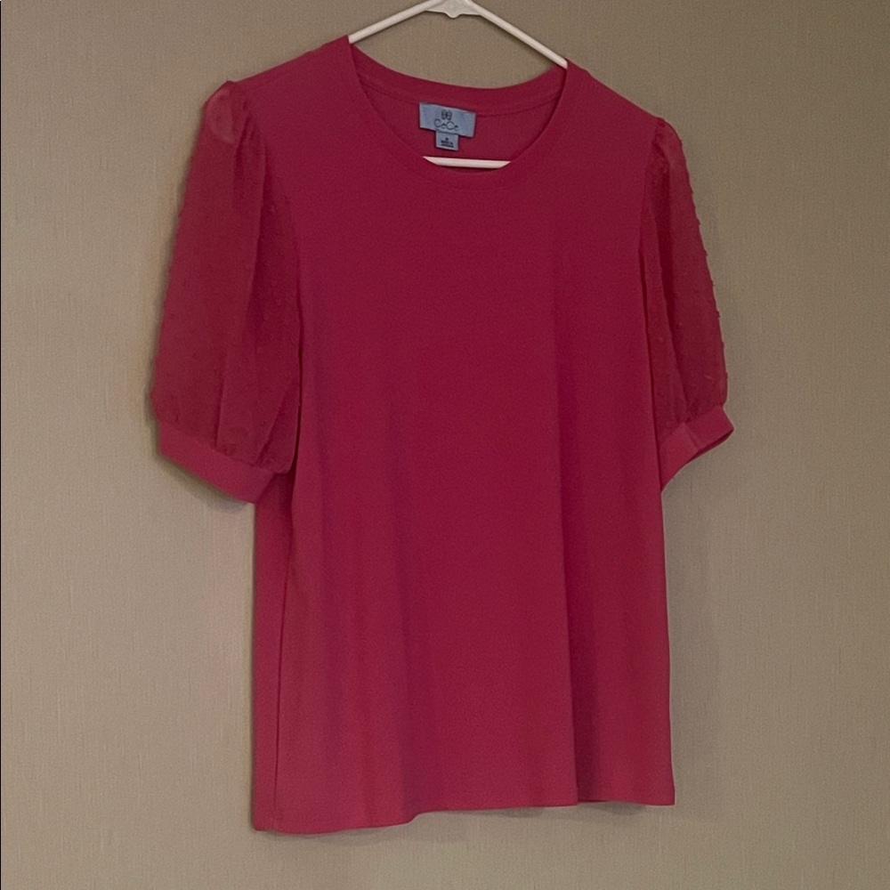 Cece medium Swiss dot hot pink puffy sleeve short sheer summer spring